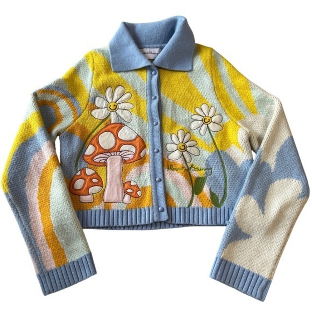 House of Sunny Mushroom Cardigan Smiley Daisy Knit Crop Sweater UK 8